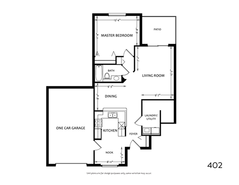 Floor plan for 1 bed, 1 bath, 861 sqft
